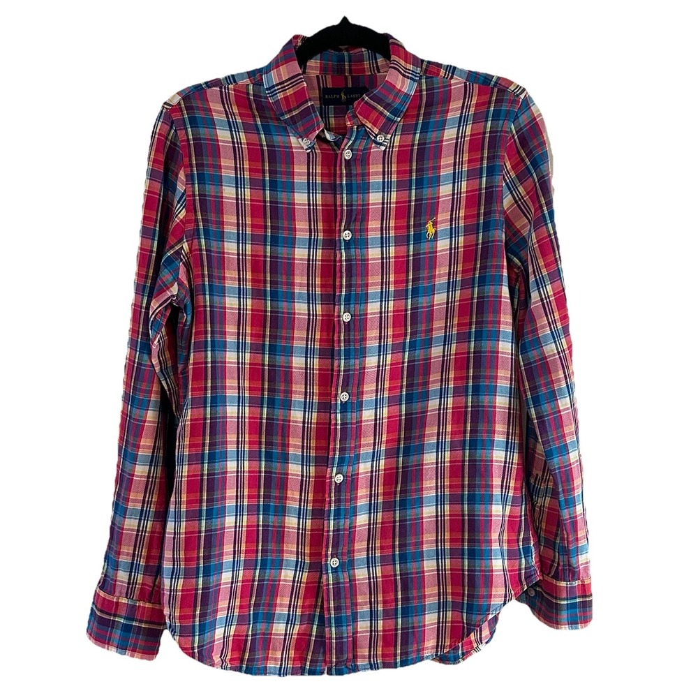 Ralph Lauren Shirt Colorful Pink‎ Plaid Pony Button Up Soft LS Boys Youth Sz 12